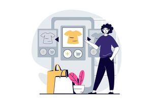 móvil comercio concepto con personas escena en plano diseño para web. hombre elegir ropa en en línea Tienda solicitud y haciendo orden. vector ilustración para social medios de comunicación bandera, márketing material.