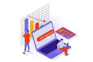 Unemployment and crisis concept in 3d isometric design. People fired and have job challenge, searching new work while financial recession. Vector illustration with isometry scene for web graphic