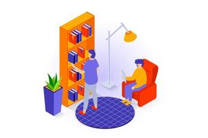 Home interior concept in 3d isometric design. People pastime in living room with library place with bookshelf, armchair, floor lamp and plant. Vector illustration with isometry scene for web graphic