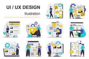 UI UX design concept with character situations mega set. Bundle of scenes people creating user interface layout for mobile phones and editing website templates. Vector illustrations in flat web design