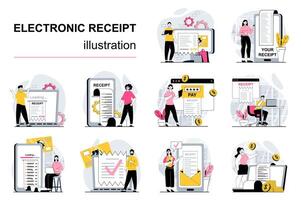 Electronic receipt concept with character situations mega set. Bundle of scenes people receiving digital forms of bills, check and invoice and paying online. Vector illustrations in flat web design