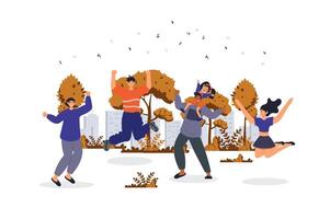 Happy people concept with character scene for web. Women and men jumping, celebrating victory and expressing happiness. People situation in flat design. Vector illustration for marketing material.