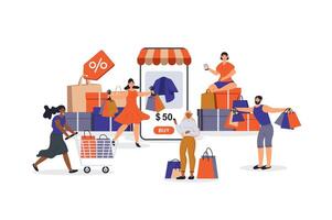 compras concepto con personaje escena para web. mujer y hombres haciendo compras, ordenando con negociar precios en móvil aplicación personas situación en plano diseño. vector ilustración para márketing material.