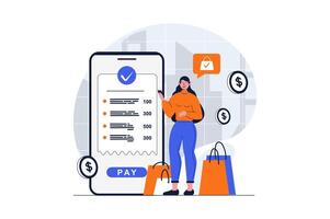 Secure payment web concept with character scene. Woman paying bills with protect of personal financial data. People situation in flat design. Vector illustration for social media marketing material.