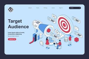 Target audience concept in 3d isometric design for landing page template. People studying customer trends and focus group, creating advert campaigns, attract new clients. Vector illustration for web