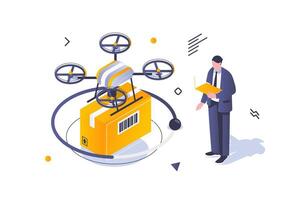 Transportation logistics concept in 3d isometric design. Man uses drone flying delivery service for box shipping and online tracking. Vector illustration with isometric people scene for web graphic