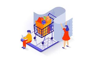 Online shopping concept in 3d isometric design. People making order of food in supermarket webpage, paying credit card and receiving receipt. Vector illustration with isometry scene for web graphic