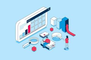 Data analysis concept in 3d isometric design. People analyzing graphs on dashboard and business reports, working with financial information. Vector illustration with isometry scene for web graphic