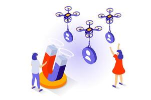 Social media concept in 3d isometric design. People attracting new auditorium by marketing magnet, flying drone carrying new followers to blog. Vector illustration with isometry scene for web graphic