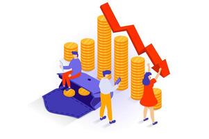 Unemployment and crisis concept in 3d isometric design. People analysis financial losses on graphs with arrows down, devaluation and default. Vector illustration with isometry scene for web graphic