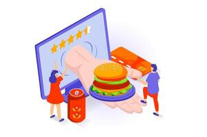 Food delivery concept in 3d isometric design. People ordering burgers and drinks at fast food restaurant with courier fast shipping at home. Vector illustration with isometry scene for web graphic