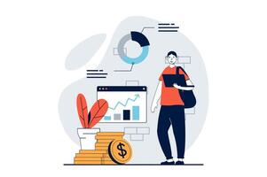 Data science concept with people scene in flat design for web. Man working with analytics chart, making financial audit and accounting. Vector illustration for social media banner, marketing material.