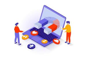 Social media concept in 3d isometric design. People developing online blogs and using content for attracting new followers, collecting likes. Vector illustration with isometry scene for web graphic