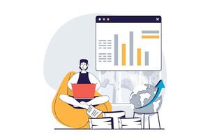 Global economic concept with people scene in flat design for web. Man analyzing data on graphs, creating business development strategy. Vector illustration for social media banner, marketing material.