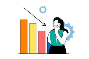 Crisis management concept with people scene in flat web design. Woman analysing company investments and forecasting negative trend. Vector illustration for social media banner, marketing material.