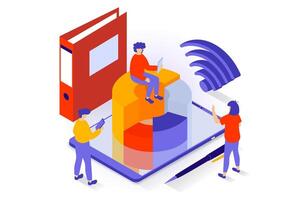 Business and marketing concept in 3d isometric design. People making financial analysis, creating report and working with company documents. Vector illustration with isometry scene for web graphic