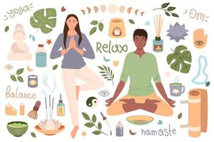 yoga mega conjunto gráfico elementos en plano diseño. haz de mujer y hombre en diferente asanas, monstera hojas, velas, lunar ciclo, estera, aroma palos, otro herramientas. vector ilustración aislado objetos