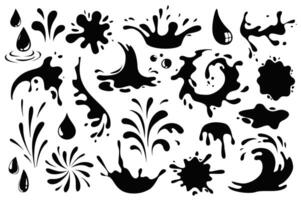 Black spots and drops mega set graphic elements in flat design. Bundle of liquid paint drips splashing, wet dye prints and ink spraying of drawing grunge texture. Vector illustration isolated objects