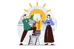 Teamwork concept with people scene in flat design for web. Man and woman finding creative idea for business improving and development. Vector illustration for social media banner, marketing material.