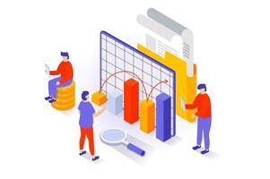 Business and marketing concept in 3d isometric design. People researching finance data at charts, accounting and planning processes for company. Vector illustration with isometry scene for web graphic