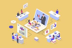 Coaching concept in 3d isometric design. Business coach making lecture for company employees, improves sales performance and profit. Vector illustration with isometry people scene for web graphic