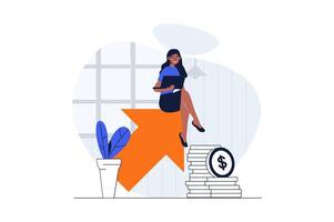 ventas actuación web concepto con personaje escena. mujer trabajando con financiero estadística, incrementar ingreso. personas situación en plano diseño. vector ilustración para social medios de comunicación márketing material.