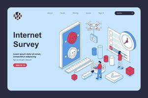 Internet encuesta concepto en 3d isométrica diseño para aterrizaje página modelo. personas respondiendo y dando cliente realimentación en cuestionario forma, calificación en caja lista. vector ilustración para web