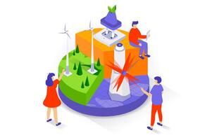 Eco lifestyle concept in 3d isometric design. People using of green electricity resources with alternative renewable energy of wind turbines. Vector illustration with isometry scene for web graphic