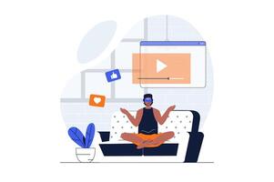 Cyberspace web concept with character scene. Man in VR glasses watching video on screen in virtual reality. People situation in flat design. Vector illustration for social media marketing material.