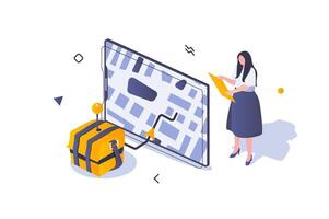 Food delivery concept in 3d isometric design. Woman ordering meal box from restaurant and tracks package using online map at screen. Vector illustration with isometric people scene for web graphic