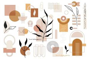 Abstract geometrical and floral objects mega set in graphic flat design. Bundle elements of different brown and beige geometric shapes and leaf plants collage. Vector illustration isolated stickers