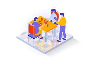 Home interior concept in 3d isometric design. People in dining room with tile flooring sitting on chairs at table and eating fast food meals. Vector illustration with isometry scene for web graphic