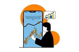 Cryptocurrency marketplace concept with people scene in flat web design. Man buying crypto coins and monitoring graphs in mobile app. Vector illustration for social media banner, marketing material.