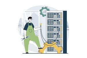 Server maintenance concept with people scene in flat design for web. Man fixing technical problem and troubleshooting of hardware. Vector illustration for social media banner, marketing material.