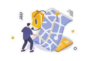 Transportation logistics concept in 3d isometric design. Man ordering delivery of boxes, paying and tracking car route at online map. Vector illustration with isometric people scene for web graphic