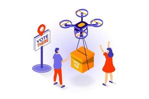 Election and voting concept in 3d isometric design. People work the location of polling station and flying drone carries ballot box for voters. Vector illustration with isometry scene for web graphic