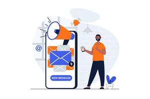 Designer studio web concept with character scene. Man creating and releasing product, making email promotion. People situation in flat design. Vector illustration for social media marketing material.