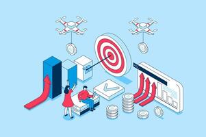 Business strategy concept in 3d isometric design. People analyzing data, planning work tasks, setting and achieving goals, developing company. Vector illustration with isometry scene for web graphic