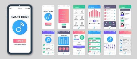 Music mobile app screens set for web templates. Pack of songs playlist, online media player, album streaming, equalizer settings. UI, UX, GUI user interface kit for cellphone layouts. Vector design