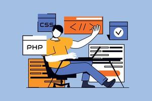 Programmer working concept with people scene in flat design for web. Developer programming code, testing algorithm, creating updates. Vector illustration for social media banner, marketing material.