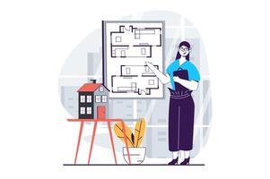 real inmuebles concepto con personas escena en plano diseño para web. mujer haciendo presentación de arquitecto Plano de apartamentos proyecto. vector ilustración para social medios de comunicación bandera, márketing material.