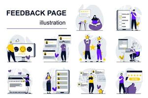 Feedback page concept with character situations mega set. Bundle of scenes people leaving comments with customer experience review, rating and evaluate online. Vector illustrations in flat web design