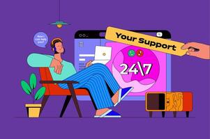 Online support web concept with character scene. Operator answering calls and messages, helping and finding solutions. People situation in flat design. Vector illustration for marketing material.