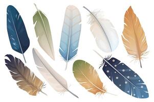 realista plumas mega conjunto gráfico elementos en plano diseño. haz de diferente tipos y colores pájaro mullido plumas para decoración plantillas en boho y otro. vector ilustración aislado objetos