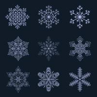 Snowflakes mega set elements in flat design. Bundle of different types of symmetric and geometric ornate snow shapes, frozen crystal thin silhouettes. Vector illustration isolated graphic objects