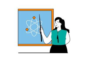 Education concept with people scene in flat web design. Woman working as teacher and explaining physics by blackboard in school class. Vector illustration for social media banner, marketing material.