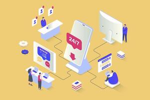 Customer support concept in 3d isometric design. Call center operators answering calls and consulting clients in chat of solve problems. Vector illustration with isometry people scene for web graphic