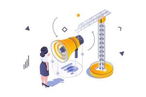 Business marketing concept in 3d isometric design. Woman making advertising campaign with megaphone, promotion and communication. Vector illustration with isometric people scene for web graphic