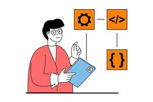 aplicación desarrollo concepto con personas escena en plano web diseño. hombre creando trabajo proceso algoritmo con programación y mejoramiento. vector ilustración para social medios de comunicación bandera, márketing material.