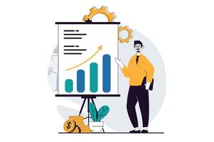 Business making concept with people scene in flat design for web. Man analyzing data growth and company statistic, making presentation. Vector illustration for social media banner, marketing material.